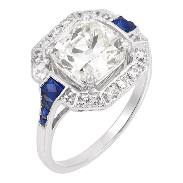 1980s Gia 3.02 Carat Old Mine Cut Diamond Sapphire 18k White Gold Engagement Ring, Size 7 For Sale