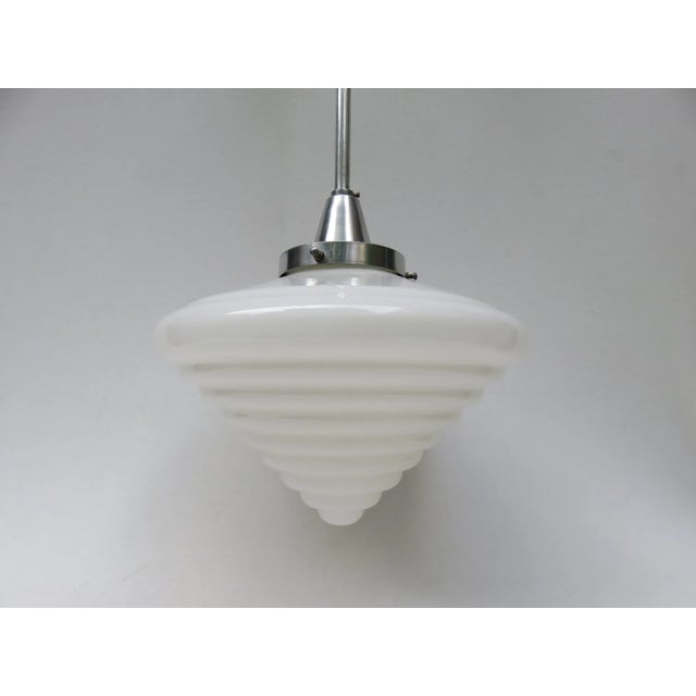 Vintage Art Deco Aluminum & Opaline Glass Pendant For Sale - Image 6 of 14