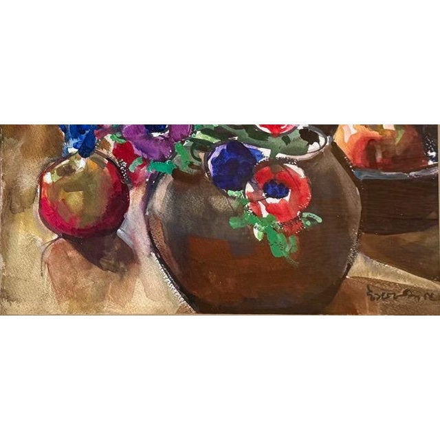 Modernist Floral Still Life Watercolor Anemones and Apples by Evangeline Smedley in Custom Shadow Box Frame 1986 For Sale - Image 9 of 10