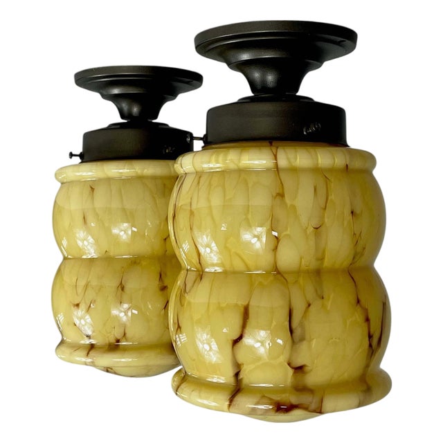 Art Deco Marbled Opaline & Burnished Brass Flush Mounts, Germany, 1930s, Set of 2 For Sale