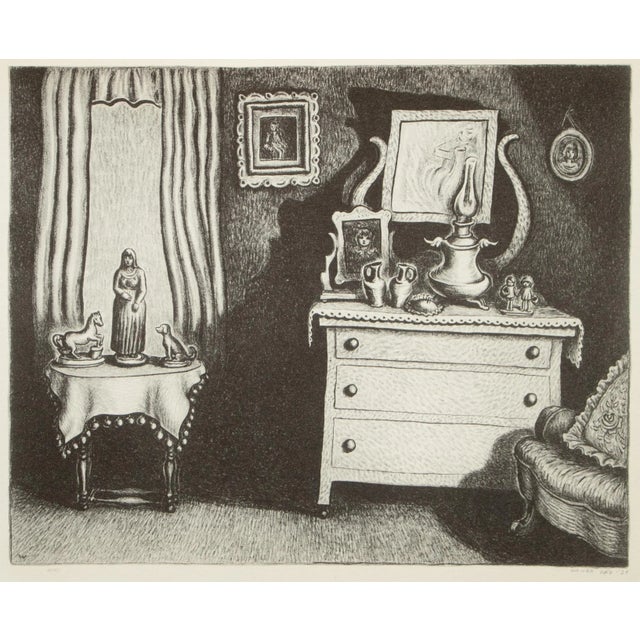 An excellent First Edition period black and white offset lithograph (print) after drawing "Grandma's Parlor" by American...