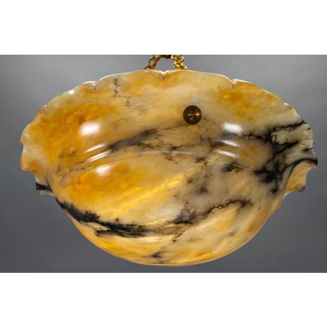 French Art Deco Yellow Alabaster Pendant with Dark Veining & Brass, 1920s For Sale - Image 10 of 18