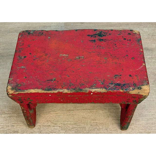 Antique Primitive Farmhouse Red Wood Milking Foot Stool For Sale - Image 6 of 9