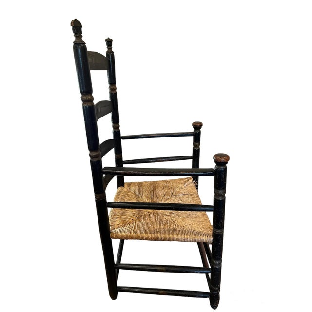 18th Century Ladder-Back Chairs with Curve-Top Slat-Back, Black Paint With Gold Colored Accents, Rush Seat, Hand-Turned Finials and Mushroom Handholds For Sale - Image 10 of 12
