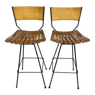 Vintage 1960’s Arthur Umanoff Paper Cord and Wood Slat Barstools-Pair For Sale