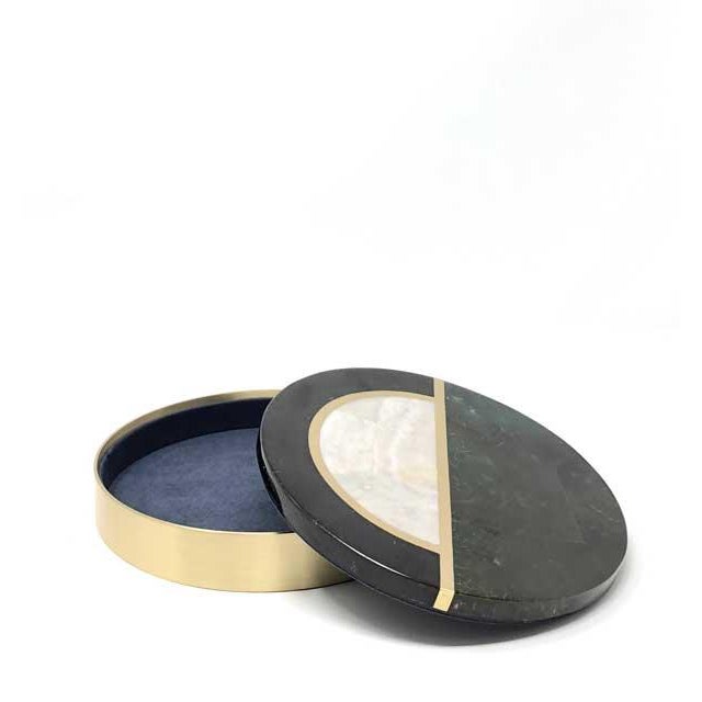 A fabulous decorative box made from crushed shell inlay in green, ivory and black outlined with brass strips. Wonderful...