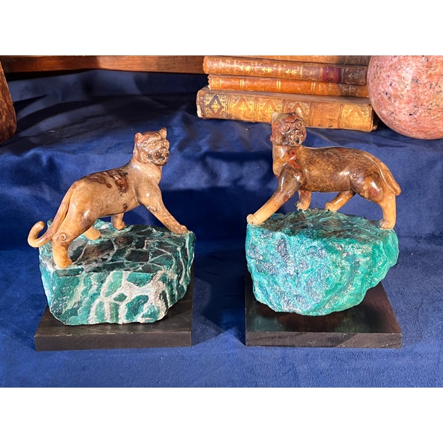 Pair of Early 20th Century Chinese Carved Marble Lions on the Faux Malachite Stone Bases For Sale - Image 4 of 14