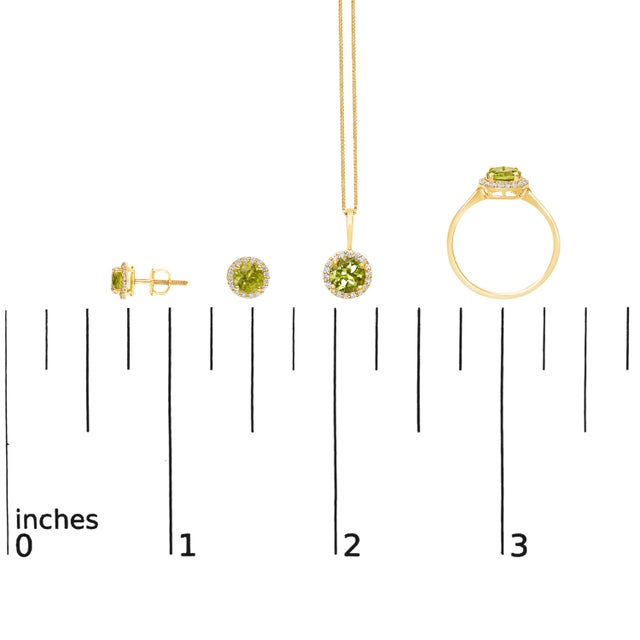 10K Yellow Gold Green Peridot and 3/8 Cttw Diamond Halo Jewelry Set (Earrings, Pendant & Ring) For Sale In New York - Image 6 of 6