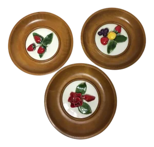 Vintage Flower Capodimonte Plates With Wooden Frames - Set of 3