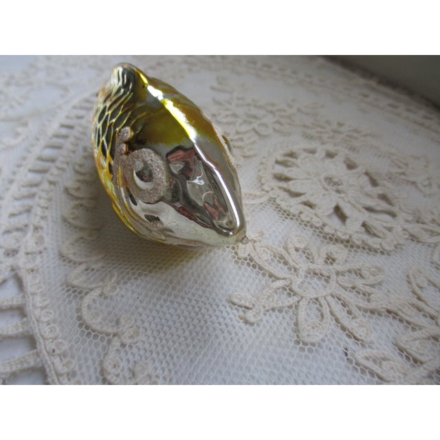 Antique Christmas Blown Mercury Glass Yellow With Mica Fish Feather Tree Ornament For Sale - Image 9 of 10