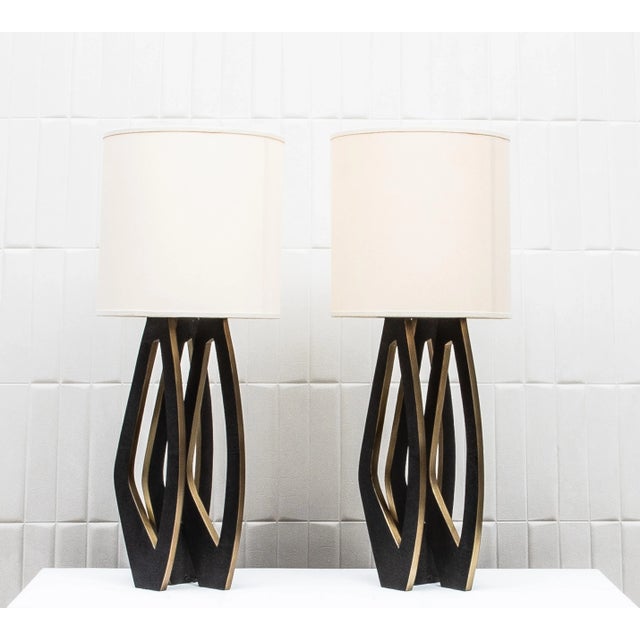 Metal Pair of Modern Lamps in Black Shagreen With Bronze Patina Brass by R&y Augousti For Sale - Image 7 of 9