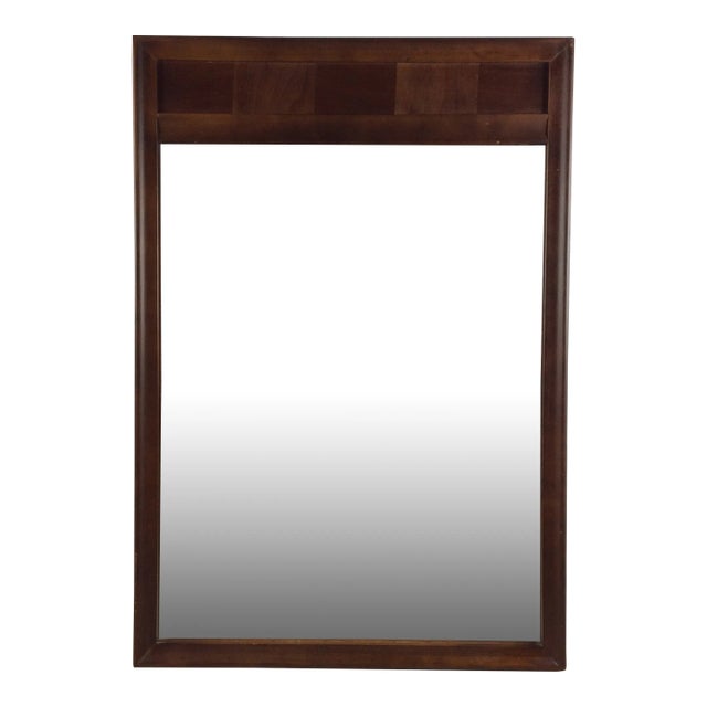 Mid Century Modern Wall Mirror With Beveled Frame & Walnut Inlay For Sale