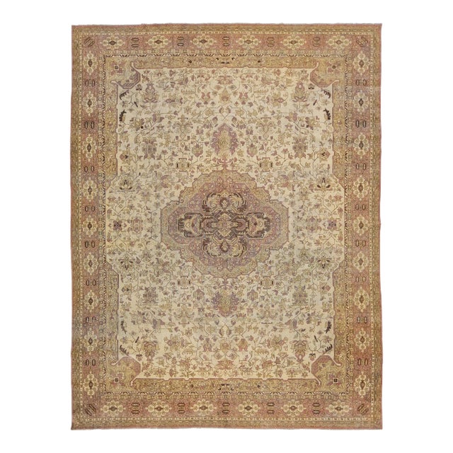 1910s Antique Indian Wool Agra Rug in Beige With Allover Design For Sale