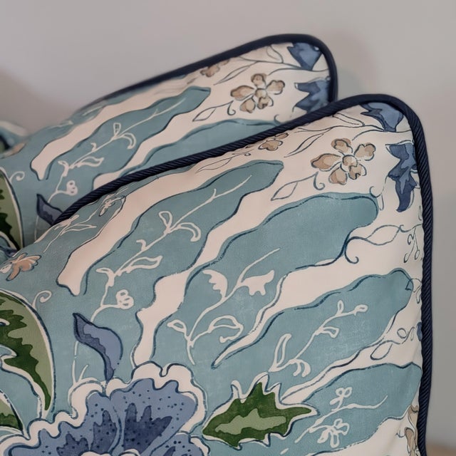 Brunschwig & Fils Brunschwig & Fils Riviere Aqua Lunbar Pillows With Blue Cord- Double Sided Pair For Sale - Image 4 of 7
