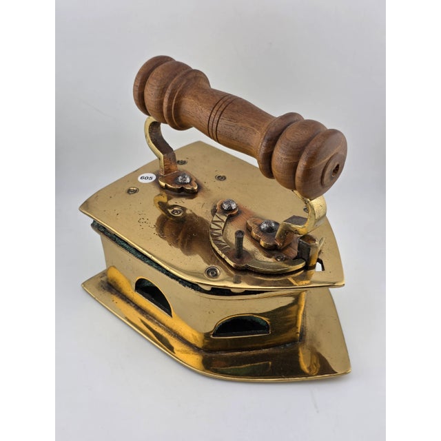 Moroccan Antique C1850 Middle East Handmade Brass Charcoal Big Press Iron W Wooden Handle For Sale - Image 3 of 15