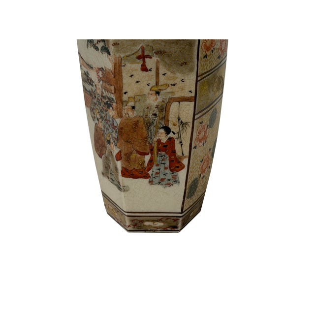 6" Asian Satsuma Style Hexagonal Figures Painted Porcelain Art Vase For Sale - Image 9 of 12