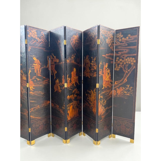 Large Chinese Eight-Panel Black Lacquer Folding Screen With Scholar Landscape, Circa 1925–1940 For Sale - Image 12 of 13
