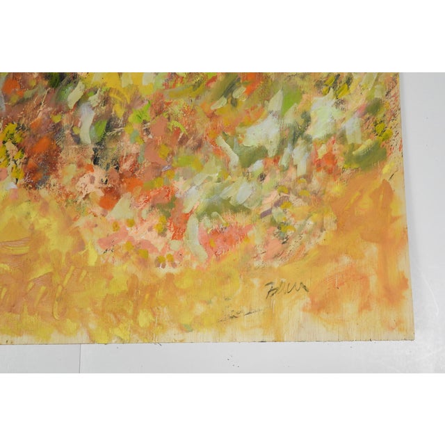 Contemporary oil on wood panel expressionist landscape painting of yellow tree by K. C. Bacon (1948-2026) Washington....