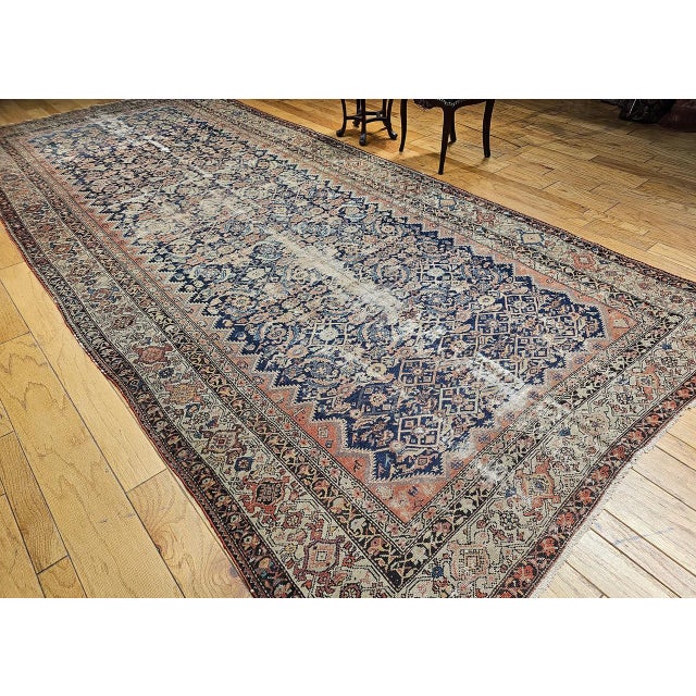Antique Persian Malayer Gallery Rug, Hand-Knotted Wool, Geometric Pattern, 7x15, Blue & Ivory For Sale - Image 4 of 18