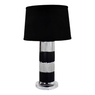 Art Deco Style Chrome and Black Horizontal Stripe Cylindrical Table Lamp Black Shade For Sale