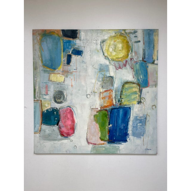 A playful and refined original oil painting on canvas featuring layered forms in soft chalky tones with accents of vivid...