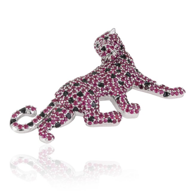 Mid-Century Modern Mid 20th Century Retro Pavé Set Ruby Panther Brooch - Unisex Gift for Animal Lovers For Sale - Image 3 of 13