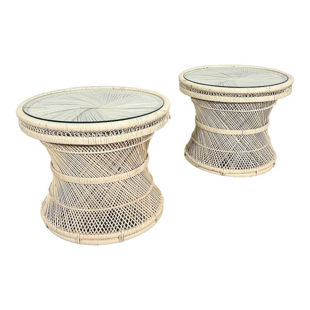 1970's Woven Buri Rattan Hand Painted Circular Side Tables - A Pair For Sale