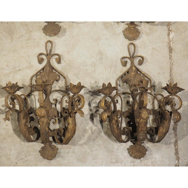 Set of Four Vintage French 3-Arm Iron and Tole Sconces, Distressed Gilt Finish For Sale - Image 13 of 18