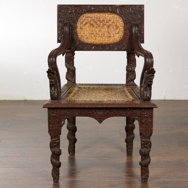 Early 20th Century Anglo-Indian 1900 Armchair with Carved Back, Mythical Creatures and Woven Rattan For Sale - Image 5 of 12