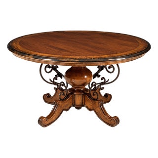 Italian Round Walnut Dining Table With Iron Scroll Pedestal Base For Sale
