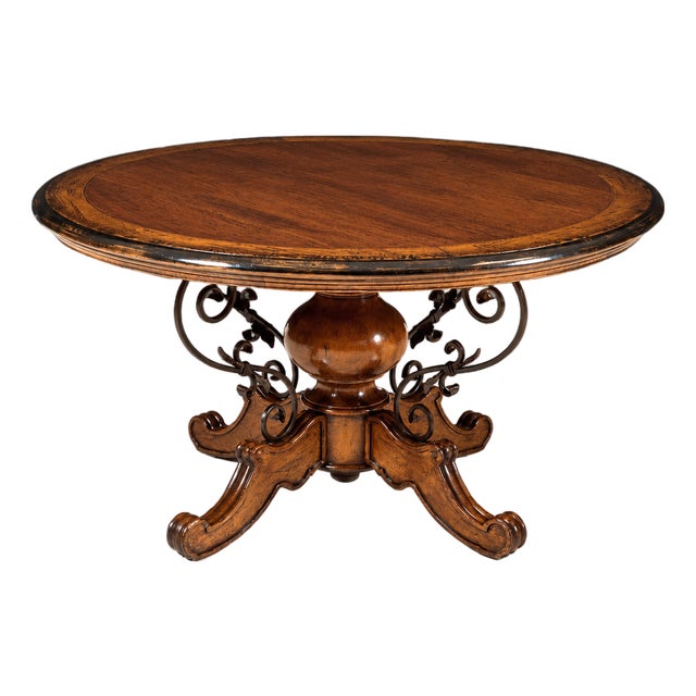 Italian Round Walnut Dining Table With Iron Scroll Pedestal Base For Sale