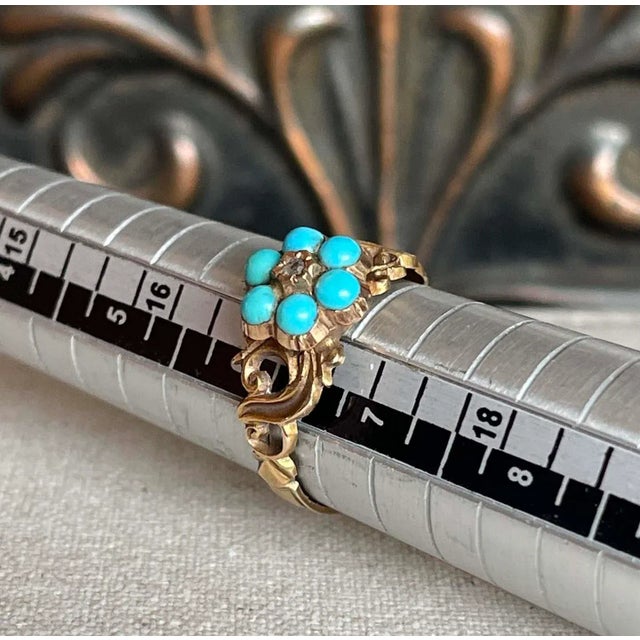 Late 19th Century Victorian Turquoise Diamond Forget-Me-Not Ring Locket Back 15k Size 6.5 For Sale - Image 9 of 11