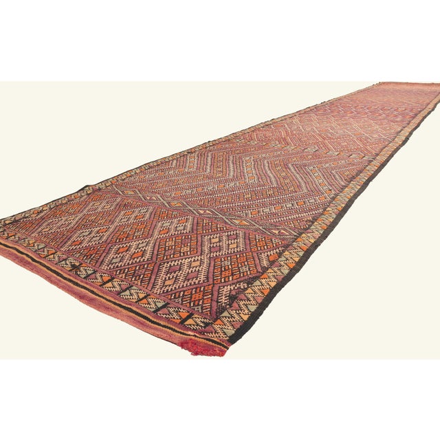 21966 Vintage Zemmour Moroccan Kilim Rug, 03'11 x 22'09. The Sacred Union: A Vintage Zemmour Moroccan Masterpiece of...