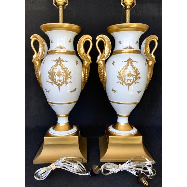 Pair of Paris Porcelain Gilt Napoleon Empire Swan Handled Urn Lamps, Mid to Late 19th Century For Sale - Image 11 of 12