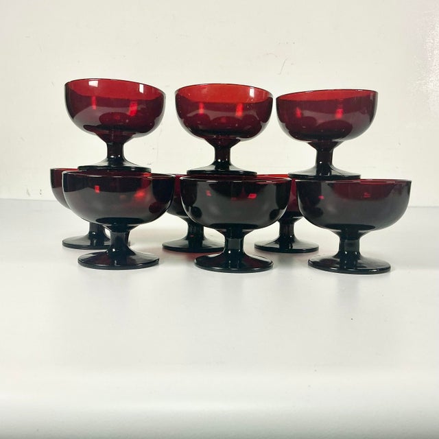 Glass 1920s Antique Art Deco Boho Chic Hollywood Regency Ruby Red Champagne Coupes - Set of 9 For Sale - Image 7 of 12