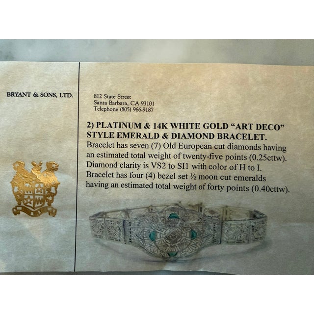 1920s Art Deco Platinum & 14k Gold Estate Emerald & Diamond Bracelet For Sale - Image 18 of 18