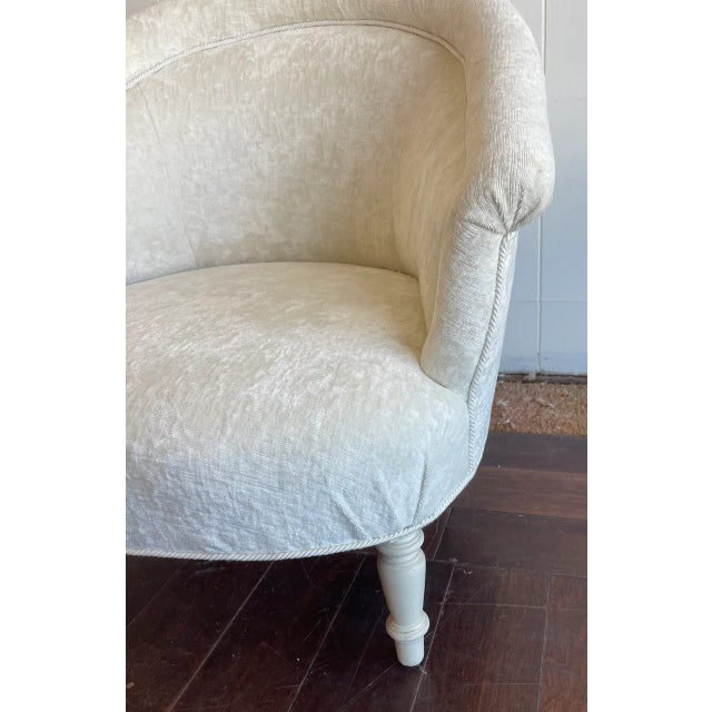 Linen Late 20th Century Vintage Small French Arm Chair Newly Upholstered in a Clarence House Antiqued Linen Velvet For Sale - Image 8 of 9