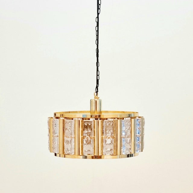 Mid-Century Modern Scandinavian Mid-Century Glass & Brass Ceiling Light/Chandelier Attributed to Carl Fagerlund for Orrefors, Sweden, 1960s For Sale - Image 3 of 11