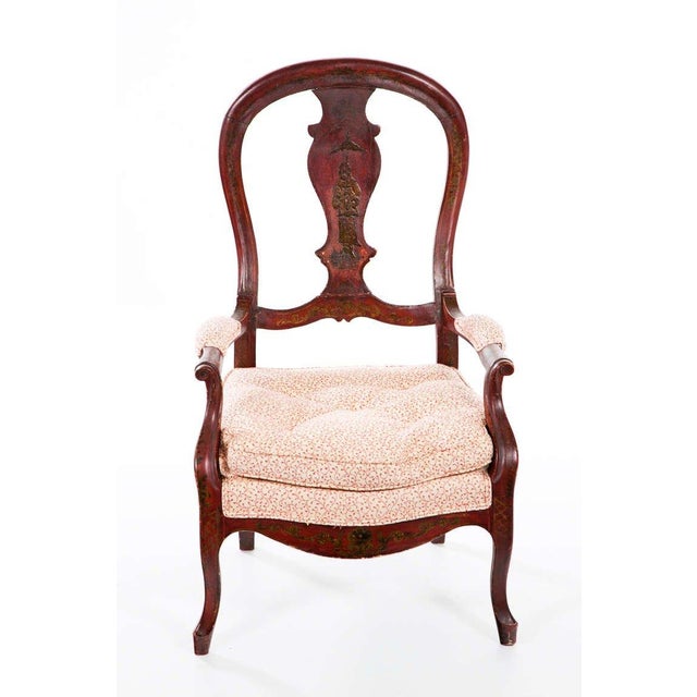 19th Century Circa 1860 Red Lacquered French Arm Chairs, a Pair For Sale - Image 5 of 11