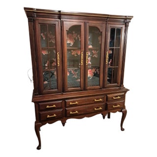 Vintage French Provincial China Cabinet With Gold Hardware & Koi Wallpaper - Lighted For Sale