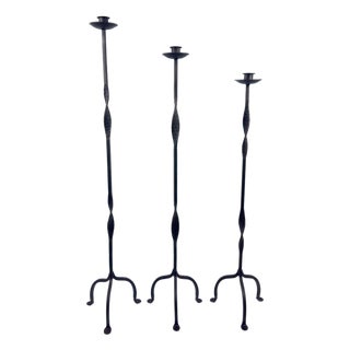 Hand Forged Iron Candelabra Set of 3 (107-127cm) Antique Copper Finish Open Twist Stem with Arched Base For Sale