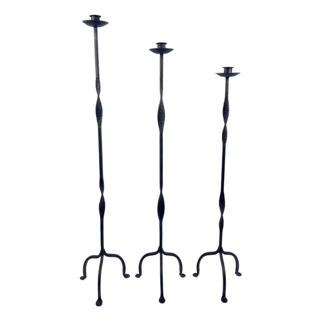 Hand Forged Iron Candelabra Set of 3 (107-127cm) Antique Copper Finish Open Twist Stem with Arched Base For Sale