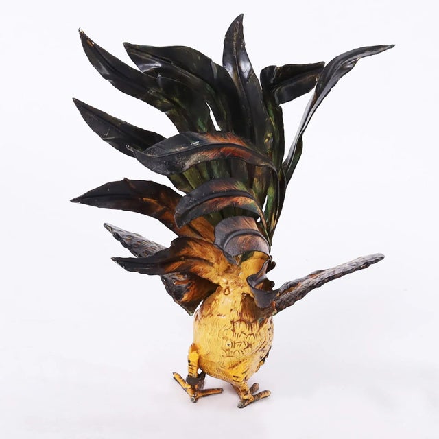 Burnt Orange Two Vintage Painted Metal Roosters or Fighting Cocks For Sale - Image 8 of 10