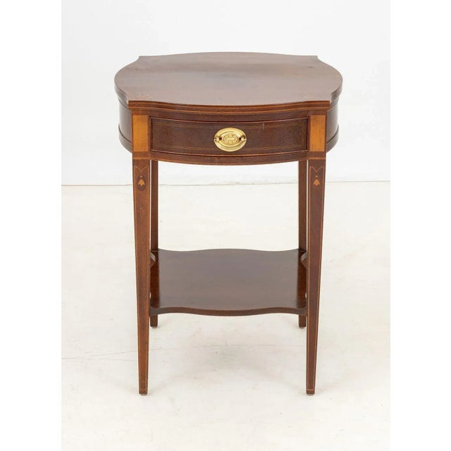 Baker Furniture Mahogany Side Table, with birch marquetry inlay and single drawer on four fluted legs, marked "Baker...