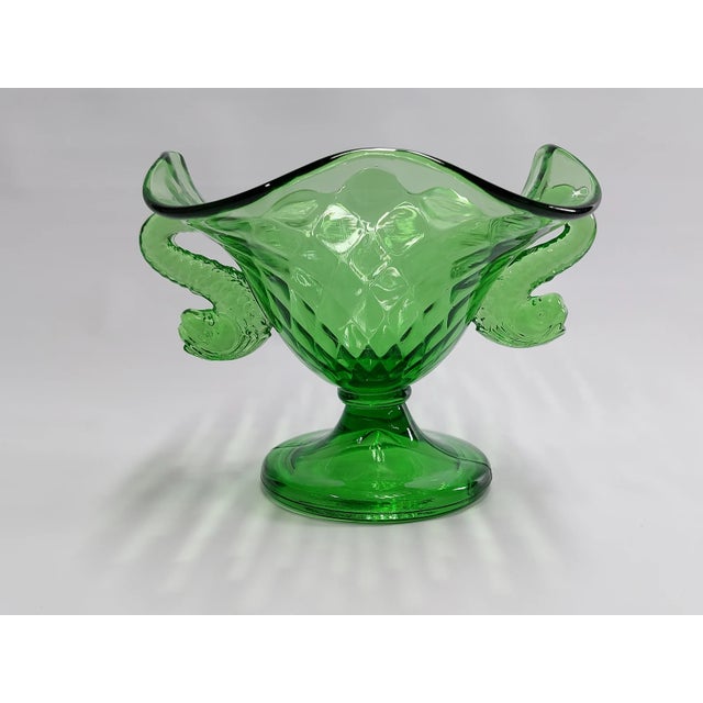 Fenton Dolphin Green Uranium Glass Two Handled Crimped Bowl Vintage Manufacturer: Fenton, 1920's - 1930's Pattern: Dolphin...