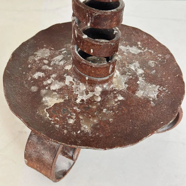 Antique French Spiral Candlesticks in Wrought Iron C. 18th Century, a Pair For Sale - Image 9 of 10