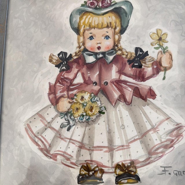 Vintage Mid Century Child Watercolor Paintings Signed F. Gardener Matched Pair For Sale - Image 14 of 14