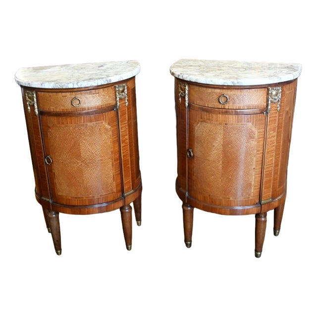 Louis XVI Marble Top Half-Moon Console Cabinets, Set of 2 For Sale