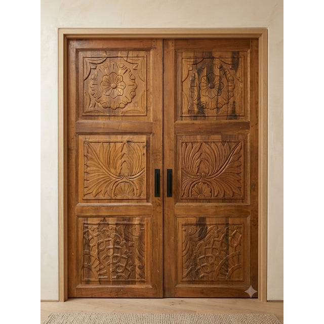 Rustic Modern Floral Carved Wooden Entry Door Panels 80x30 For Sale - Image 10 of 10
