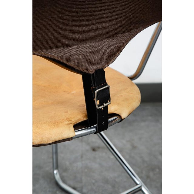 1960s Mid Century Danish Modern Dining Chairs Set 5 Tan Leather Attributed to Sam Larsson Dux Metal For Sale - Image 11 of 12